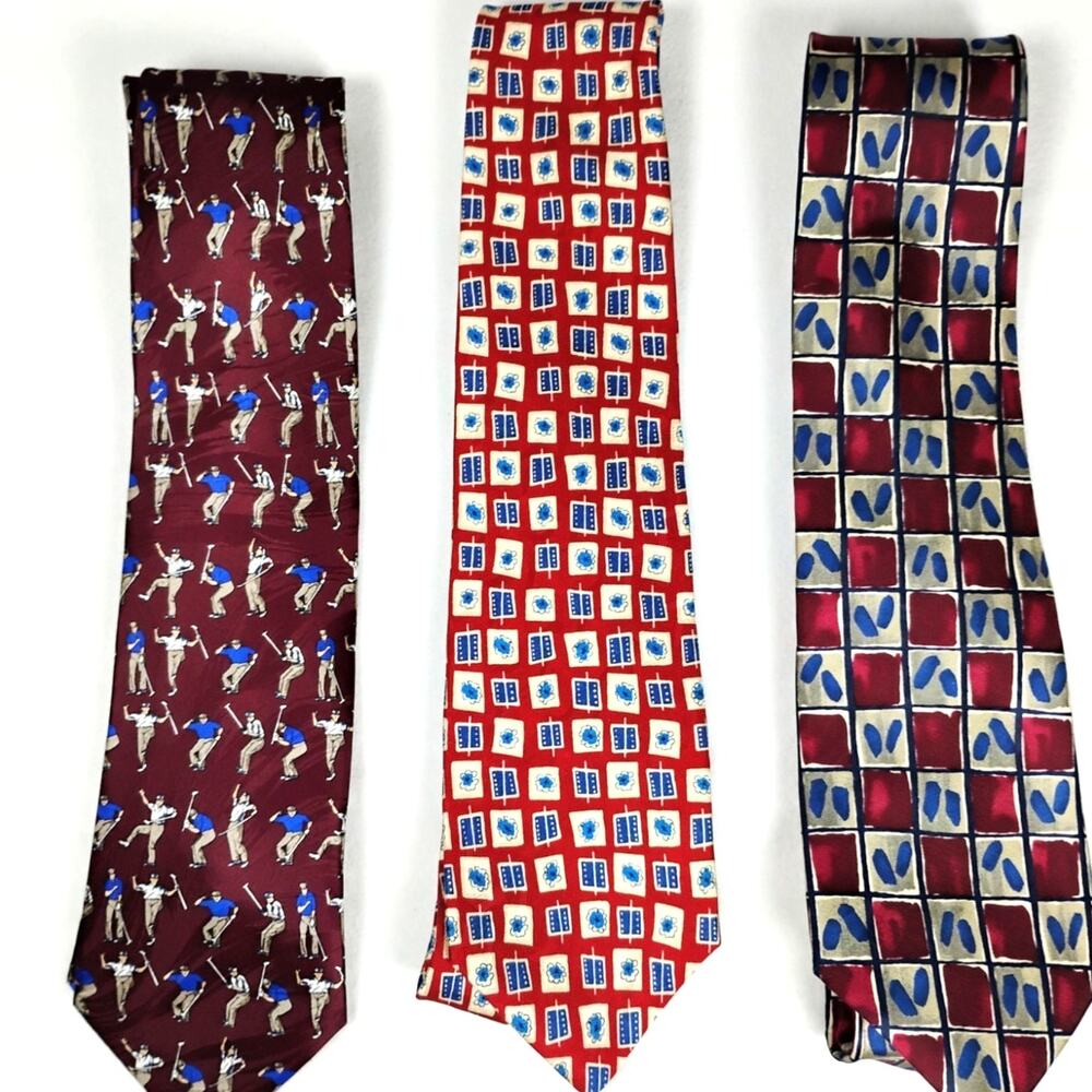 Set of 3 Silk Neckties Abstract Geometric Golf Preppy Academia